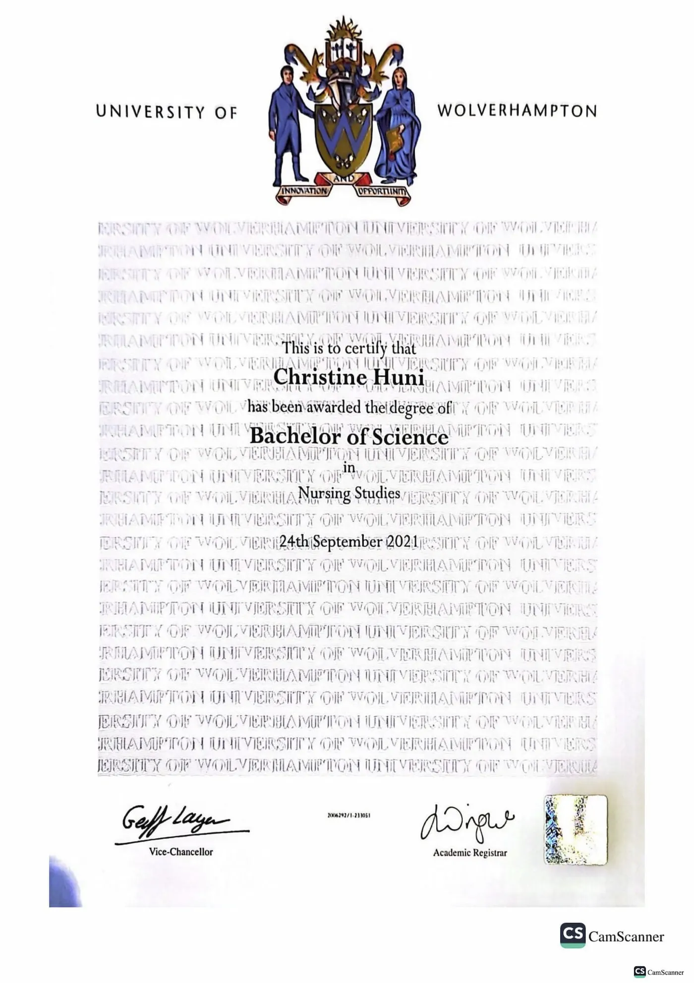 University of Wolverhampton degree certificate awarding Christine Huni a Bachelor of Science in Nursing Studies, 24th September 2021